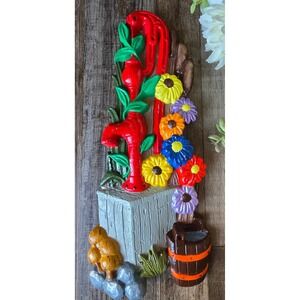 Vintage 80s Red Tap Watering Flowers Wall Art Plaque 1981 Signed Retro Decor